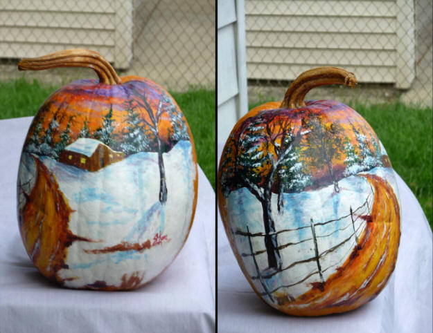 Winter scene painted on  a pumpkin